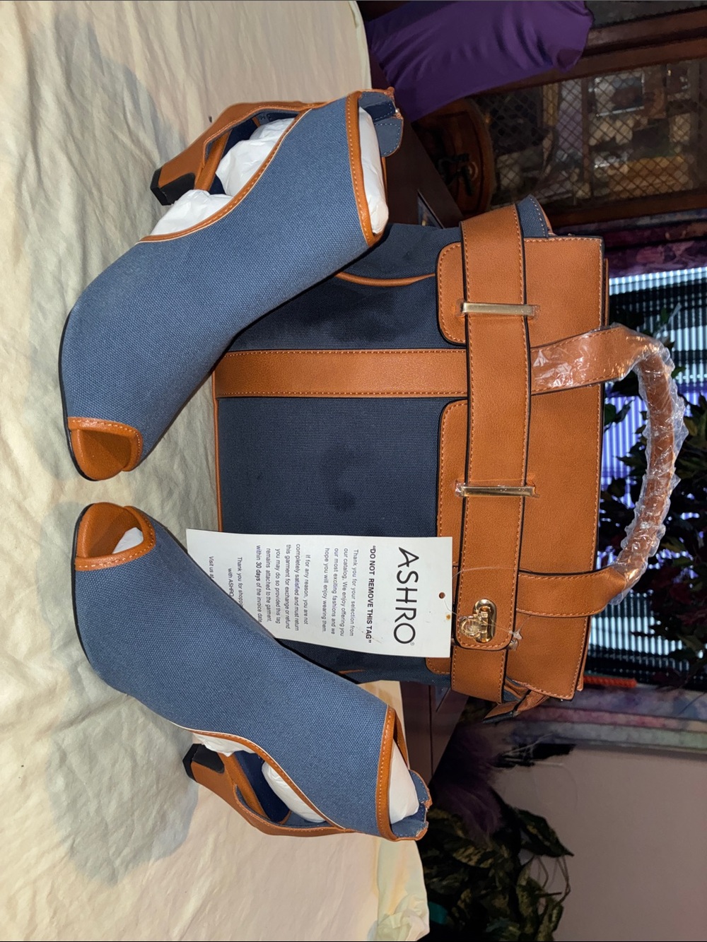 Ashro Blue and Tan Leather-Trim Tote with Coordinating Peep-Toe Heels